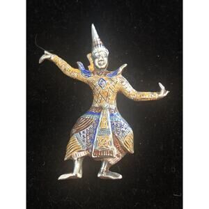 Vtg MCM Siam Sterling Silver Enamel Thai Dancer Brooch 7.65g 925